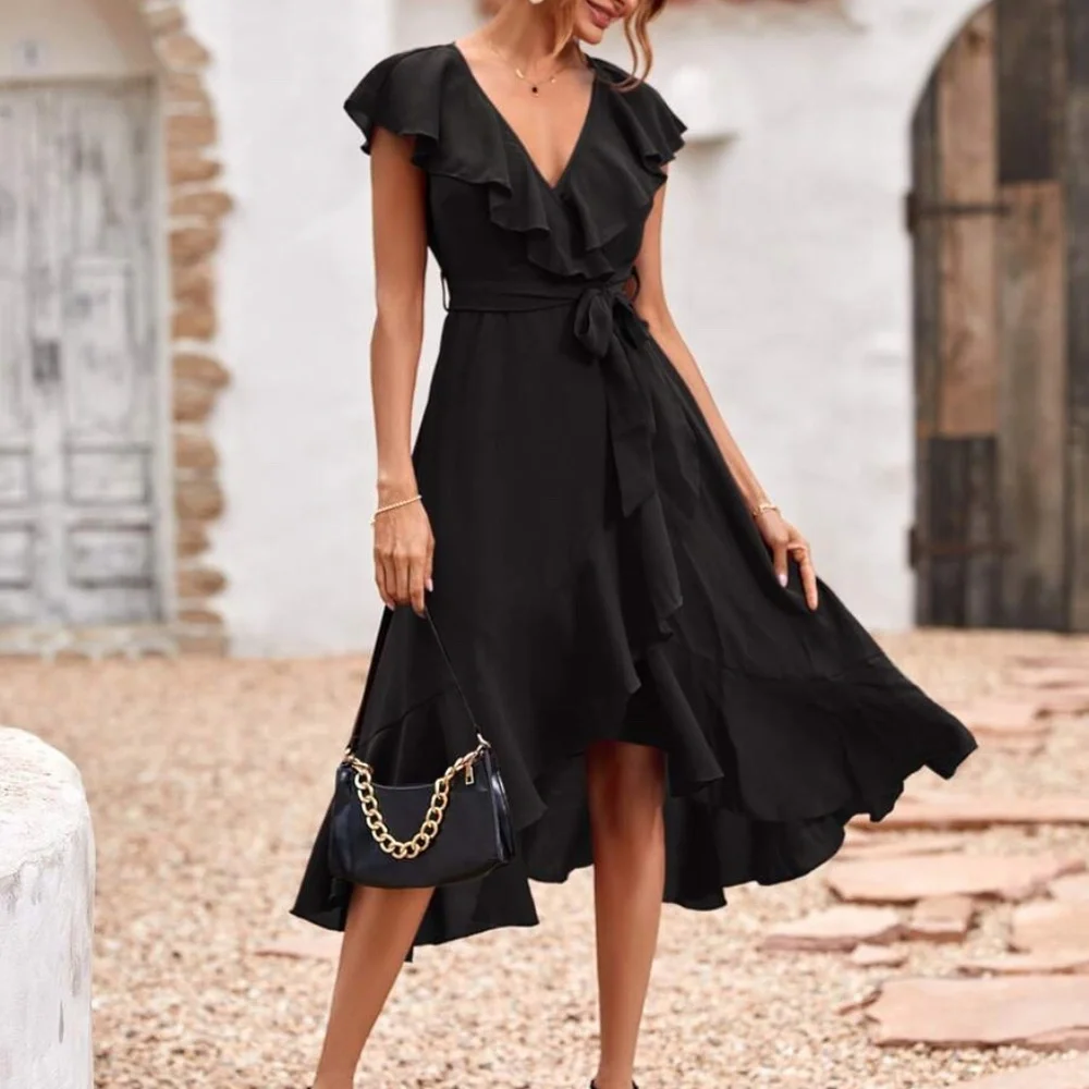 Boho Navy Blue  ruffle hem wrap belted Maxi Dress - Picture 4 of 13